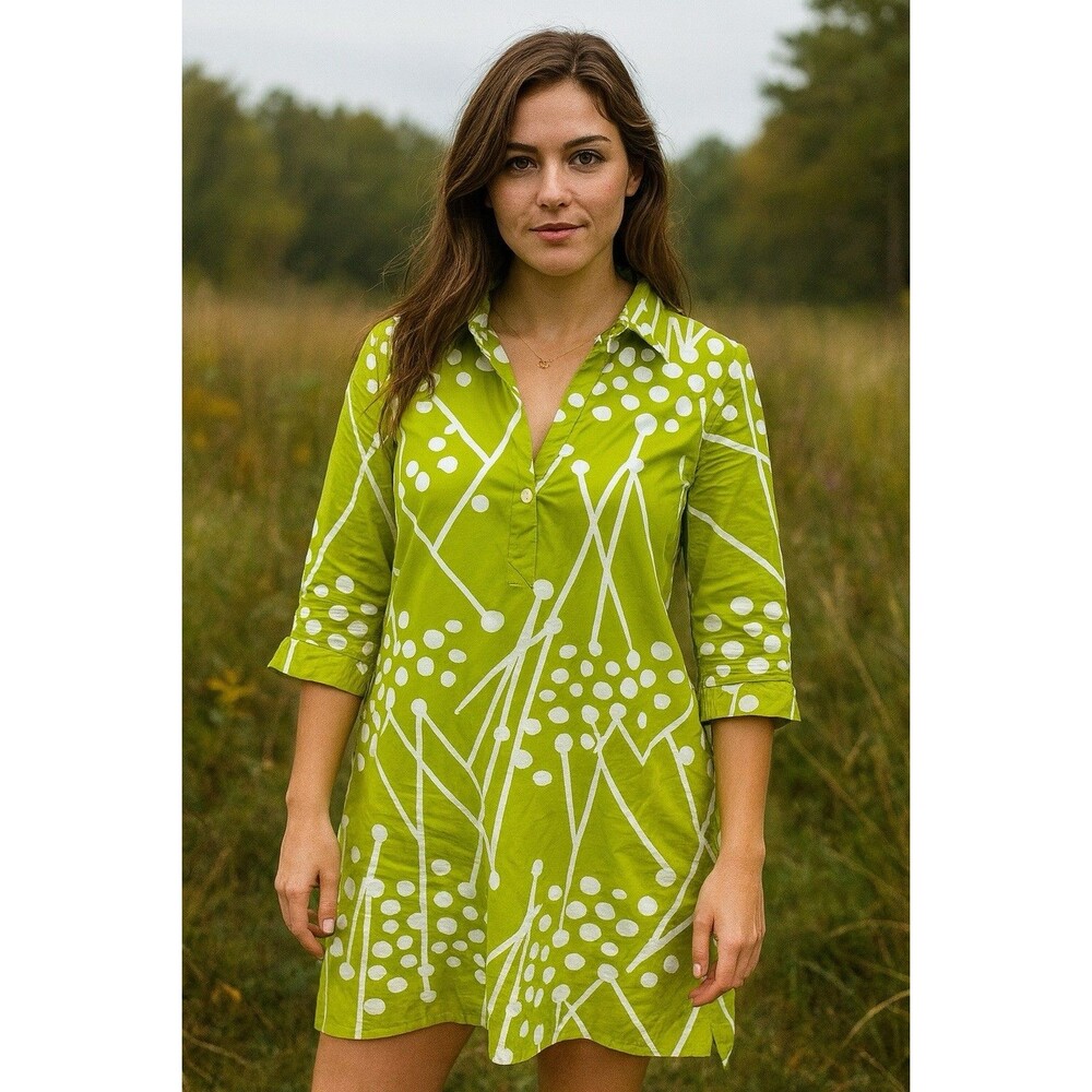 Snapdragon & Twig Green White Abstract Dot Print‎ Cotton Shirt Dress – Size M